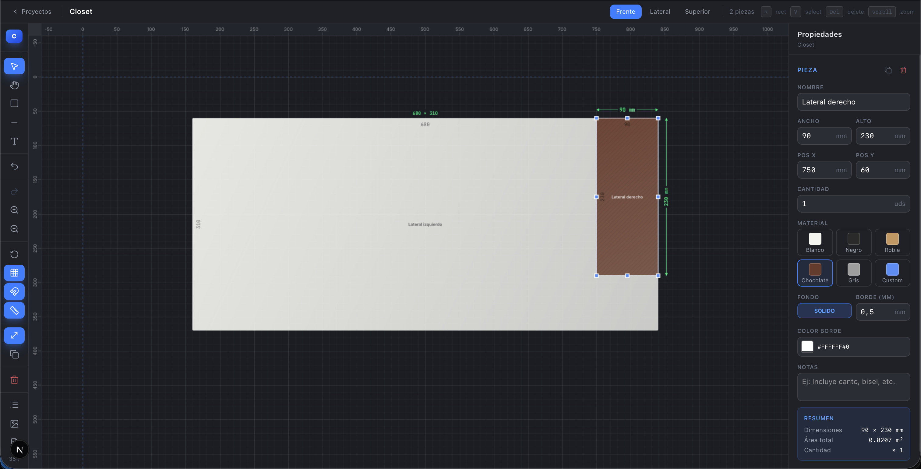 Craft editor — plano 2D con piezas y lista de corte